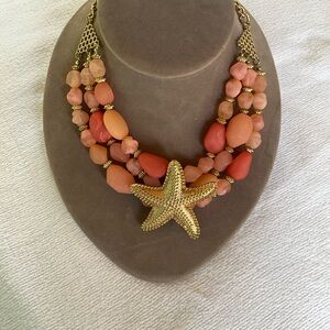 Triple strand bead necklace with gold metal starfish  earrings included